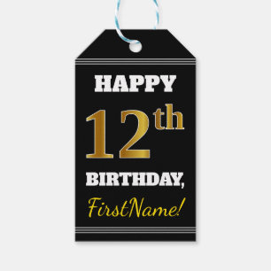 Black, Faux Gold 12th Birthday + Custom Name Gift Tags
