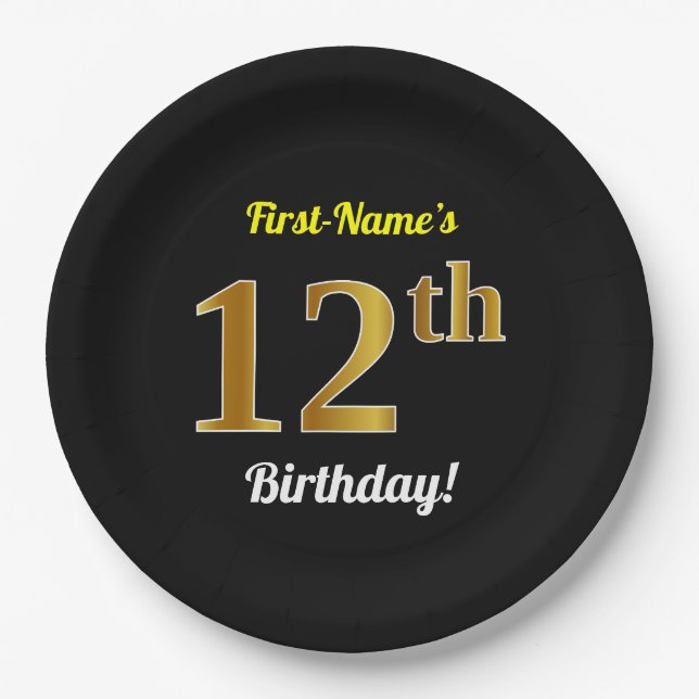Black, Faux Gold 12th Birthday + Custom Name Paper Plate (Front)