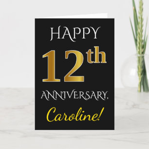 Black, Faux Gold 12th Wedding Anniversary + Name Card