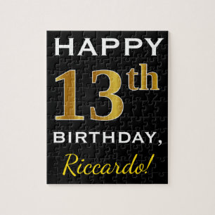 Black, Faux Gold 13th Birthday + Custom Name Jigsaw Puzzle