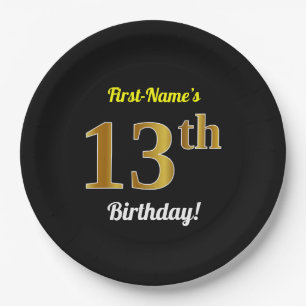 Black, Faux Gold 13th Birthday + Custom Name Paper Plate