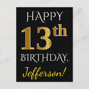 Black, Faux Gold 13th Birthday + Custom Name Postcard