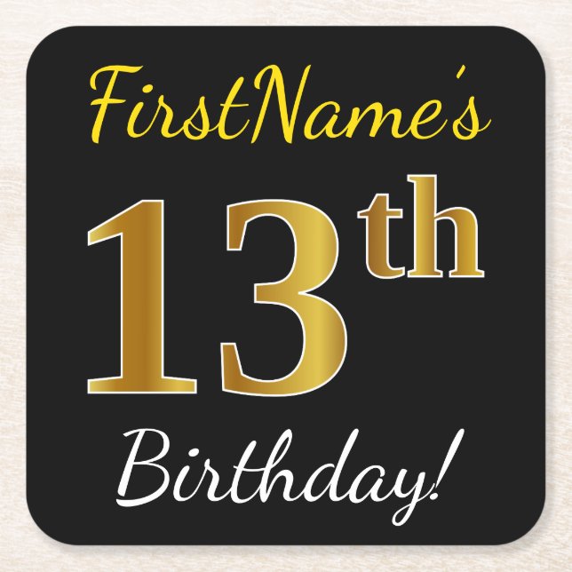 Black, Faux Gold 13th Birthday + Custom Name Square Paper Coaster (Front)