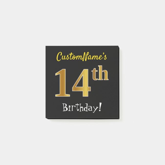 Black, Faux Gold 14th Birthday, With Custom Name Post-it Notes (Front)