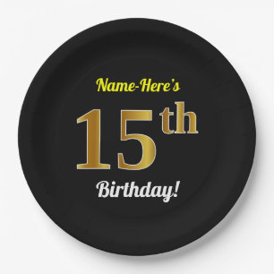 Black, Faux Gold 15th Birthday + Custom Name Paper Plate