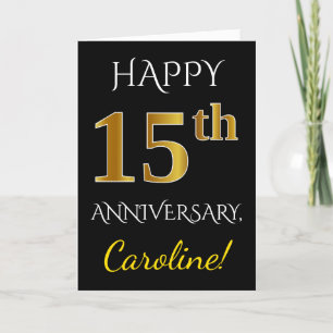 Black, Faux Gold 15th Wedding Anniversary + Name Card