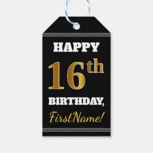 Black, Faux Gold 16th Birthday + Custom Name Gift Tags