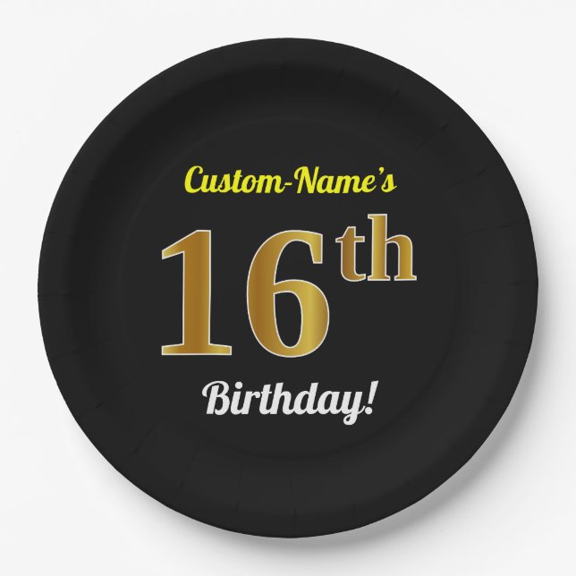 Black, Faux Gold 16th Birthday + Custom Name Paper Plate (Front)