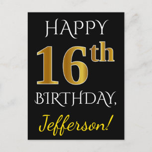 Black, Faux Gold 16th Birthday + Custom Name Postcard