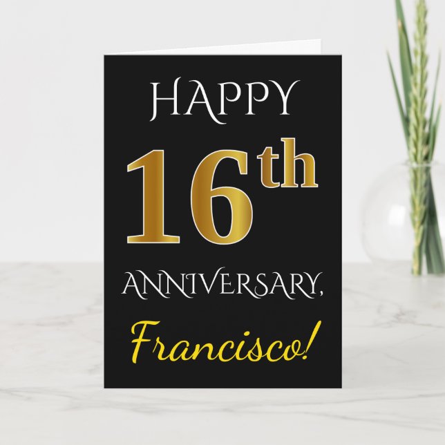 Black, Faux Gold 16th Wedding Anniversary + Name Card (Front)