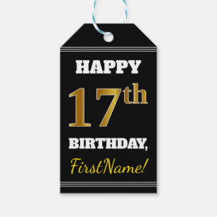 Black, Faux Gold 17th Birthday + Custom Name Gift Tags