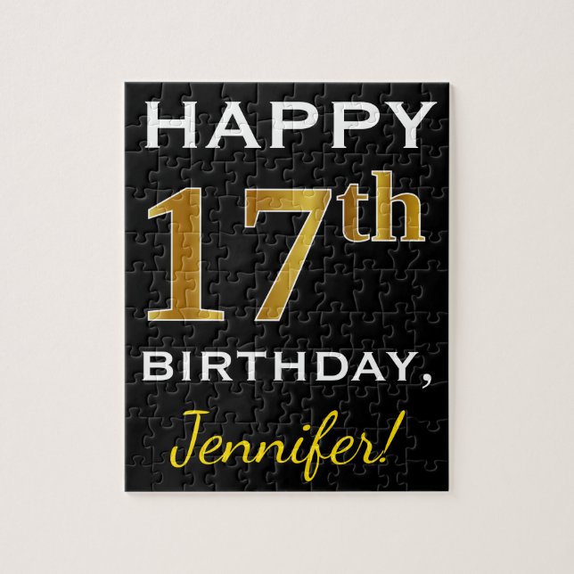 Black, Faux Gold 17th Birthday + Custom Name Jigsaw Puzzle (Vertical)
