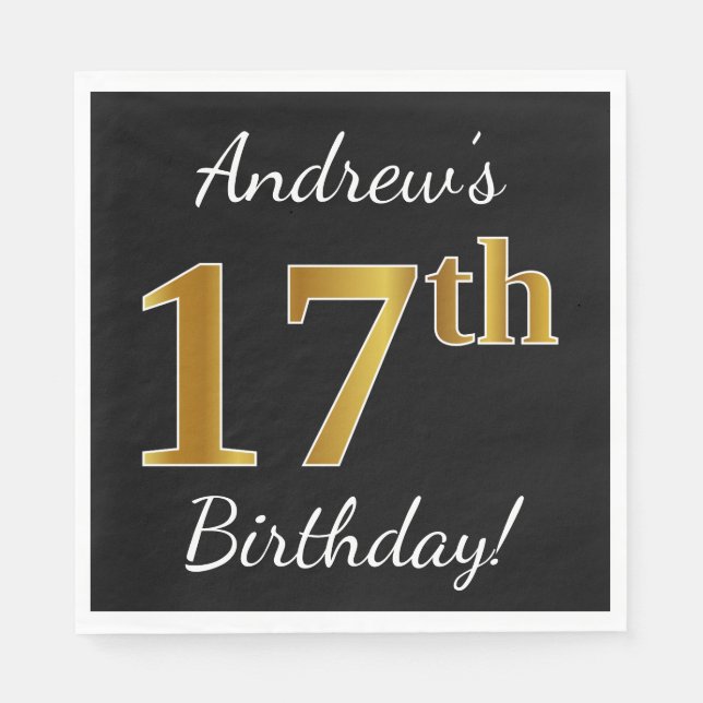 Black, Faux Gold 17th Birthday + Custom Name Napkin (Front)