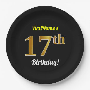 Black, Faux Gold 17th Birthday + Custom Name Paper Plate