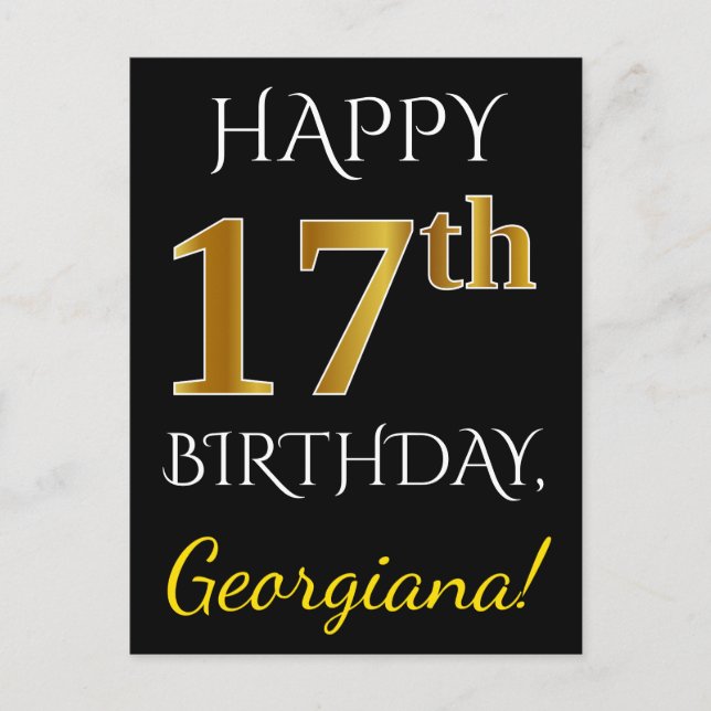 Black, Faux Gold 17th Birthday + Custom Name Postcard (Front)