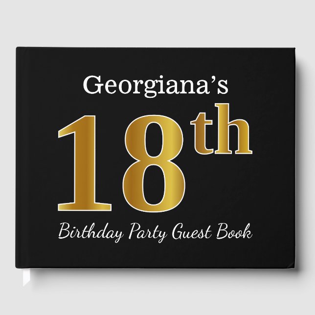 Black, Faux Gold 18th Birthday Party + Custom Name Guest Book (Front)