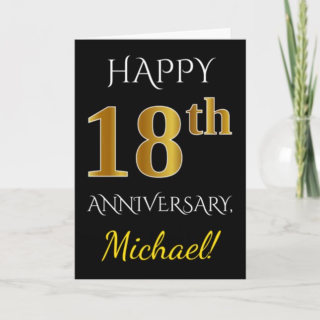 Black, Faux Gold 18th Wedding Anniversary + Name Card (Front)