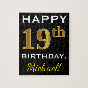 Black, Faux Gold 19th Birthday + Custom Name Jigsaw Puzzle