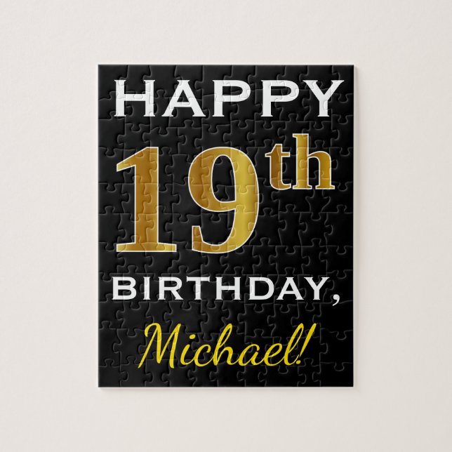 Black, Faux Gold 19th Birthday + Custom Name Jigsaw Puzzle (Vertical)