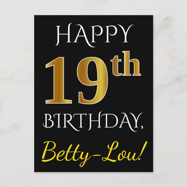 Black, Faux Gold 19th Birthday + Custom Name Postcard (Front)