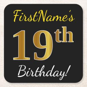 Black, Faux Gold 19th Birthday + Custom Name Square Paper Coaster