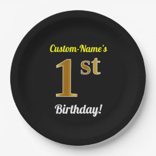 Black, Faux Gold 1st Birthday + Custom Name Paper Plate