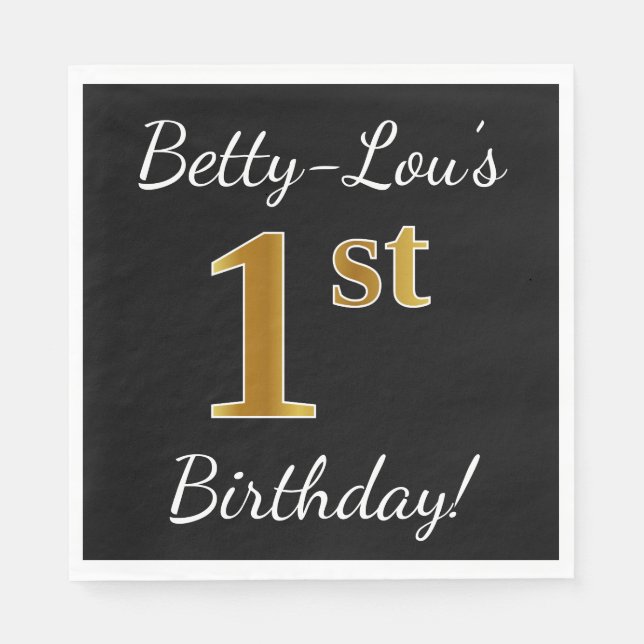 Black, Faux Gold 1st Birthday Party + Custom Name Napkin (Front)