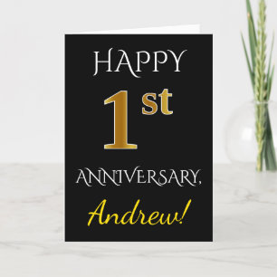 Black, Faux Gold 1st Wedding Anniversary + Name Card