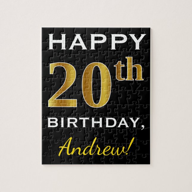 Black, Faux Gold 20th Birthday + Custom Name Jigsaw Puzzle (Vertical)