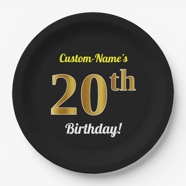 Black, Faux Gold 20th Birthday + Custom Name Paper Plate (Front)