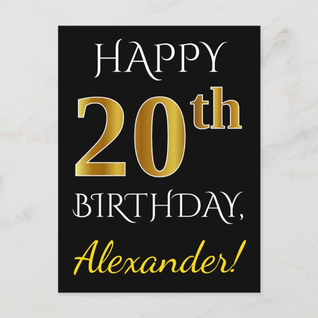 Black, Faux Gold 20th Birthday + Custom Name Postcard (Front)