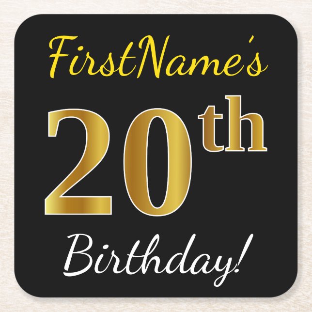 Black, Faux Gold 20th Birthday + Custom Name Square Paper Coaster (Front)
