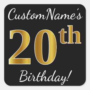 Black, Faux Gold 20th Birthday + Custom Name Square Sticker