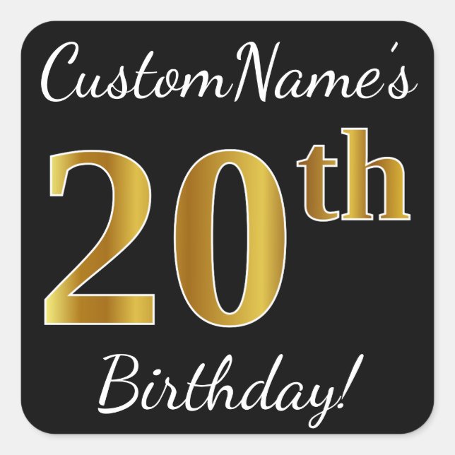 Black, Faux Gold 20th Birthday + Custom Name Square Sticker (Front)