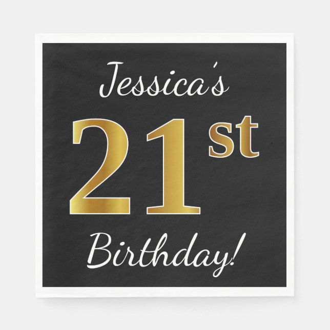 Black, Faux Gold 21st Birthday + Custom Name Napkin (Front)