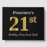Black, Faux Gold 21st Birthday Party   Custom Name Guest Book<br><div class="desc">This guest book design features the ordinal number "21st" with a faux/imitation gold-like appearance. It also features a personalised name,  and a black coloured background. It could be used at a party for somebody celebrating their twenty first birthday. [~Z0000054]</div>