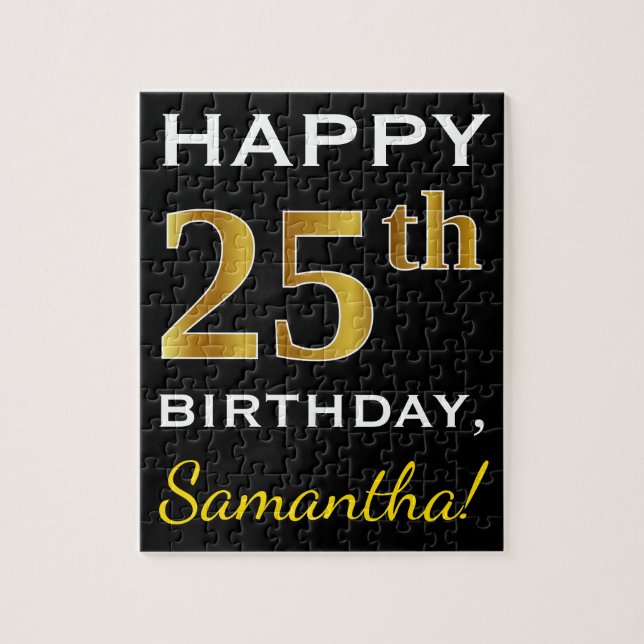 Black, Faux Gold 25th Birthday + Custom Name Jigsaw Puzzle (Vertical)