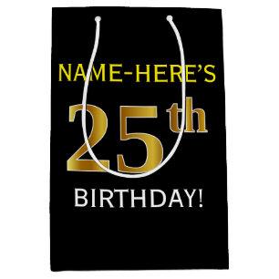 Black, Faux Gold 25th Birthday + Custom Name Medium Gift Bag