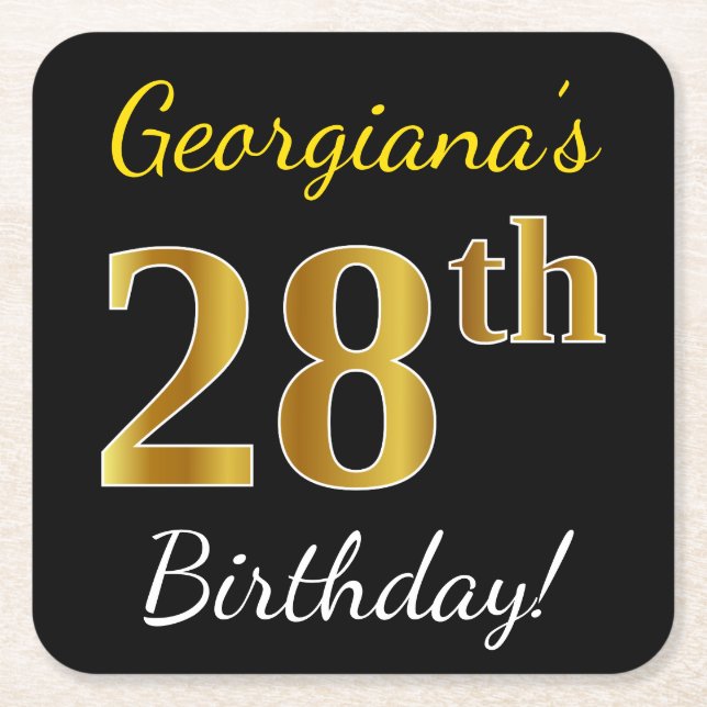 Black, Faux Gold 28th Birthday + Custom Name Square Paper Coaster (Front)