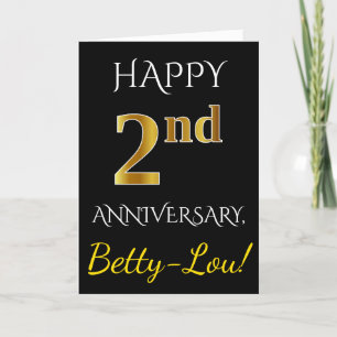 Black, Faux Gold 2nd Wedding Anniversary + Name Card