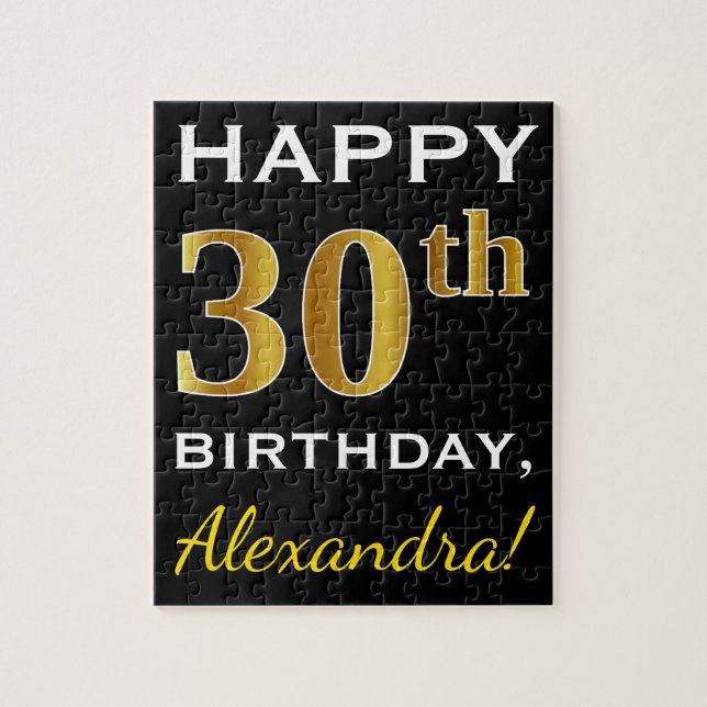 Black, Faux Gold 30th Birthday + Custom Name Jigsaw Puzzle (Vertical)
