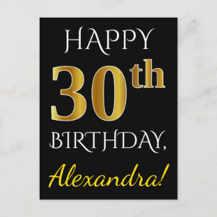 Black, Faux Gold 30th Birthday + Custom Name Postcard