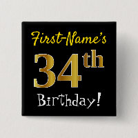 Black, Faux Gold 34th Birthday, With Custom Name