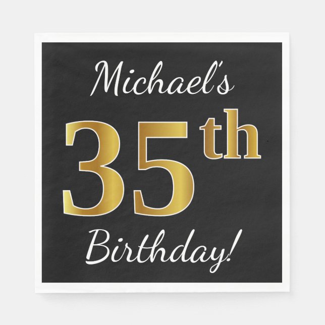 Black, Faux Gold 35th Birthday + Custom Name Napkin (Front)