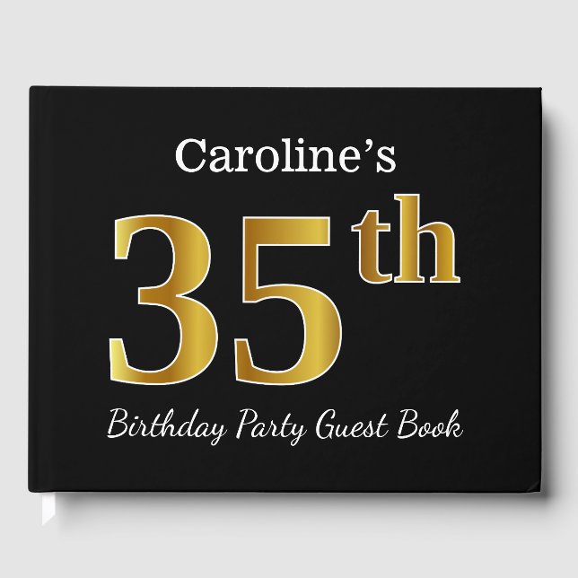 Black, Faux Gold 35th Birthday Party + Custom Name Guest Book (Front)
