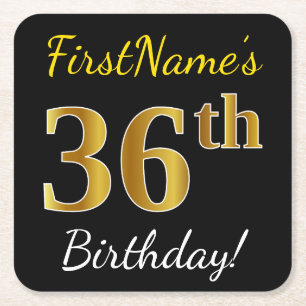 Black, Faux Gold 36th Birthday + Custom Name Square Paper Coaster