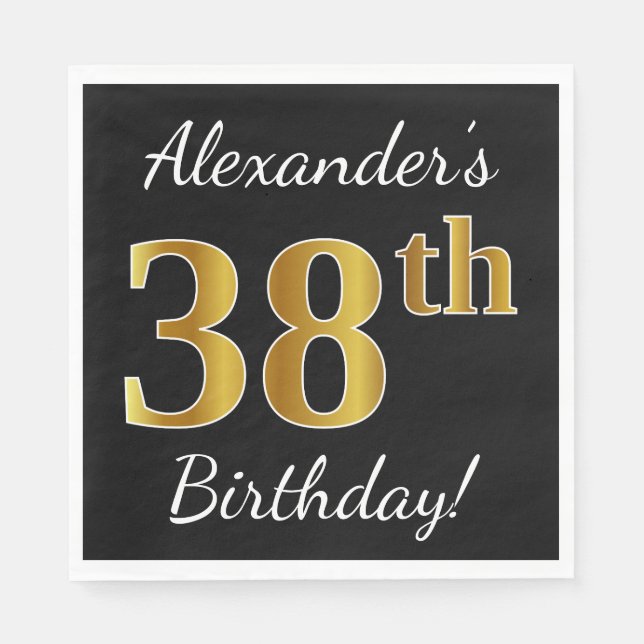 Black, Faux Gold 38th Birthday + Custom Name Napkin (Front)
