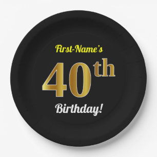 Black, Faux Gold 40th Birthday + Custom Name Paper Plate