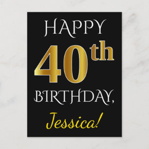 Black, Faux Gold 40th Birthday + Custom Name Postcard