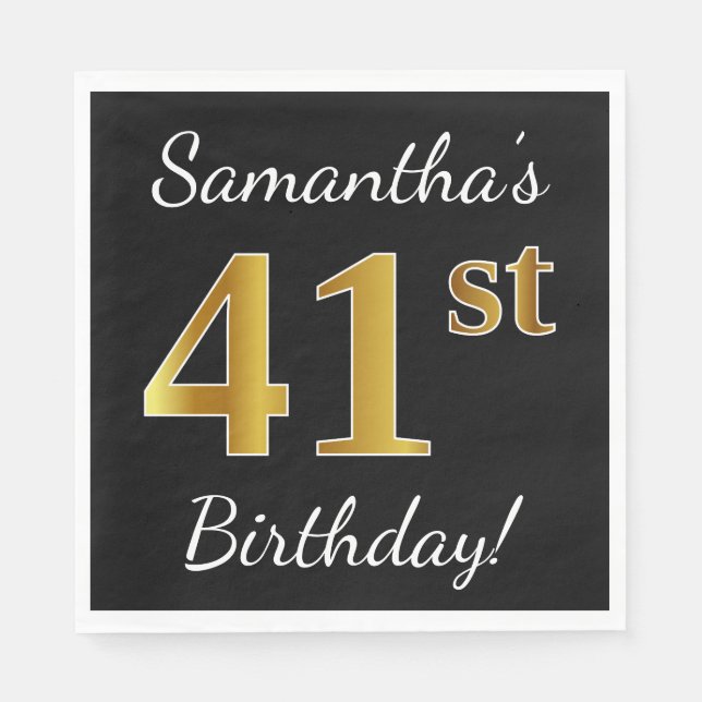 Black, Faux Gold 41st Birthday + Custom Name Napkin (Front)